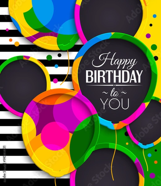 Fototapeta Happy birthday greeting card. Paper balloons with colorful borders. Drops color on background. Vector illustration.