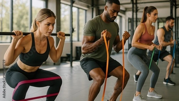 Fototapeta Group of athletes exercising together, performing squats with weights and resistance bands, demonstrating teamwork and determination in achieving fitness goals