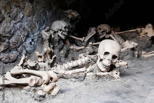 Fototapeta Skeletons of fugitives found in the arches on the beach of the ancient city of Herculaneum destroyed by the eruption of Veduvium in 79 AD. italy