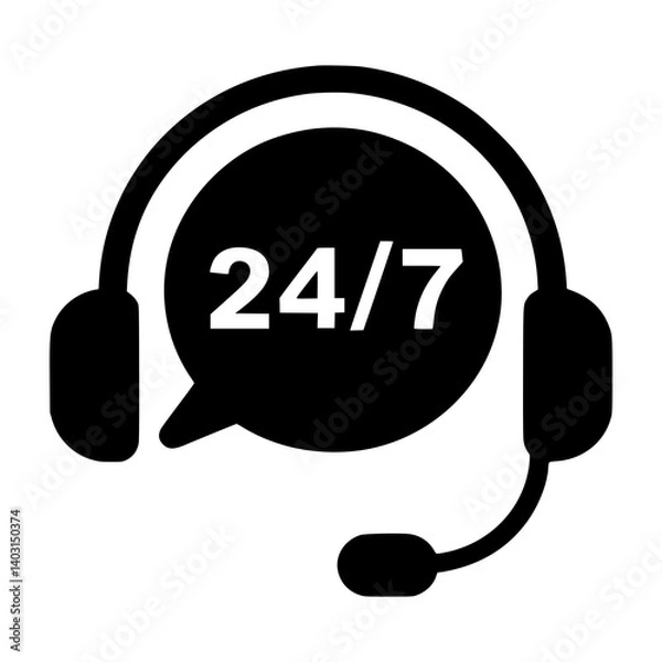 Fototapeta 24/7 Customer Support Icon with Headset and Speech Bubble, Concept for Call Center Services, Technical Helpdesk, Online Assistance, and Round-the-Clock Support Solutions