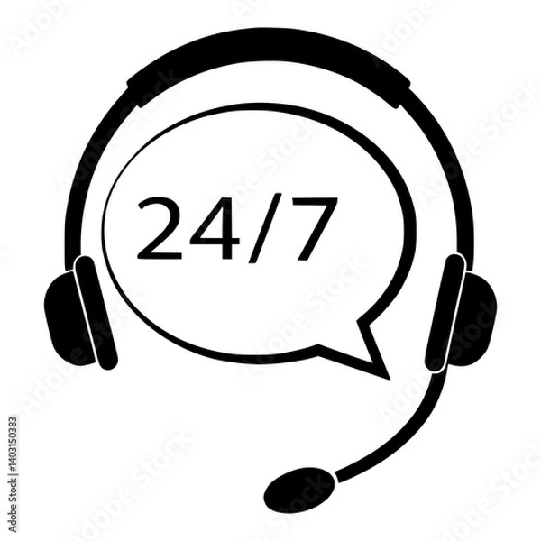 Fototapeta 24/7 Customer Support Icon with Headset and Speech Bubble, Concept for Call Center Services, Technical Helpdesk, Online Assistance, and Round-the-Clock Support Solutions