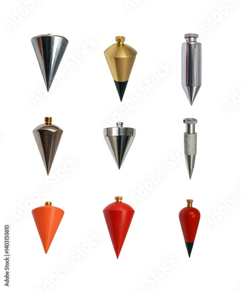 Obraz Plumb Bob Set with Nine Unique Metal and Plastic Pendulum Tools Isolated on Transparent Background for Engineering, Masonry, and Construction Precision