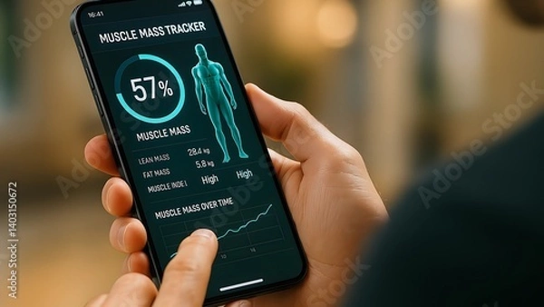 Fototapeta Close-up of hands holding smartphone displaying muscle mass tracker app, showing percentages, lean mass, fat mass, muscle index, and progress over time