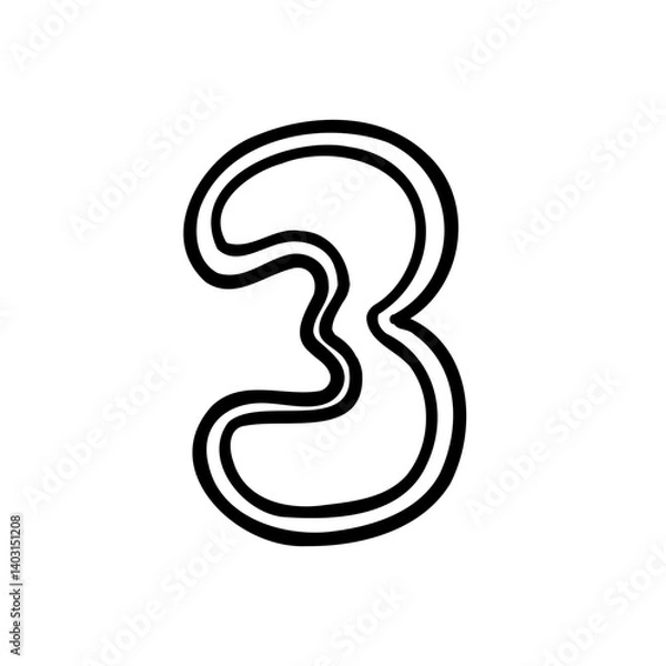 Fototapeta Stroke digit number three 3. Black font symbol in hand drawn doodle style. Vector illustration isolated on white background. For menu, presentation, branding, font, education, math.