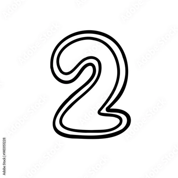 Fototapeta Stroke digit number two 2. Black font symbol in hand drawn doodle style. Vector illustration isolated on white background. For menu, presentation, branding, font, education, math.
