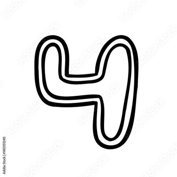 Fototapeta Stroke digit number four 4. Black font symbol in hand drawn doodle style. Vector illustration isolated on white background. For menu, presentation, branding, font, education, math.
