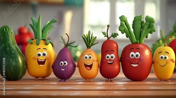 Fototapeta animated fruit and vegetable characters teaching food groups, kids show style