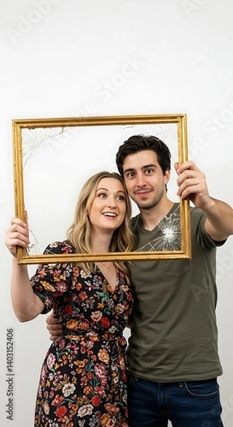 Fototapeta Couple holding a leaked photo frame as if taking a selfie together, white background, candid style