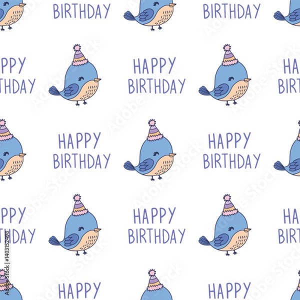 Fototapeta Birds in birthday hat. Seamless vector pattern for fabric design, wrapping paper, wallpapers.  Hand drawn.