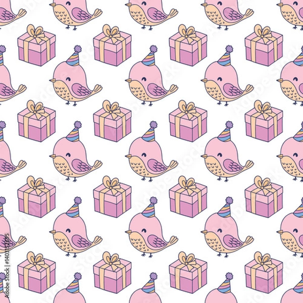 Fototapeta Birds in birthday hat and gifts. Seamless vector pattern for fabric design, wrapping paper, wallpapers.  Hand drawn.
