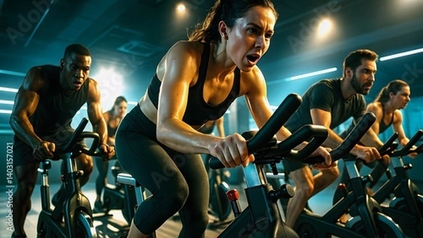 Fototapeta Group of determined athletes are pushing their limits during a high-intensity cycling class, their faces reflecting the effort and focus required to conquer the challenging workout
