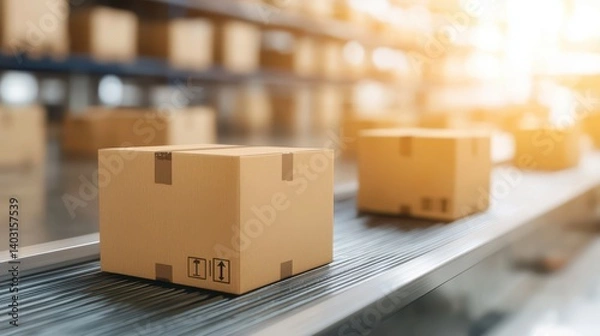 Fototapeta Close-up view of cardboard boxes being transported on a conveyor belt in a warehouse, highlighting the logistics and supply chain process in modern industry.