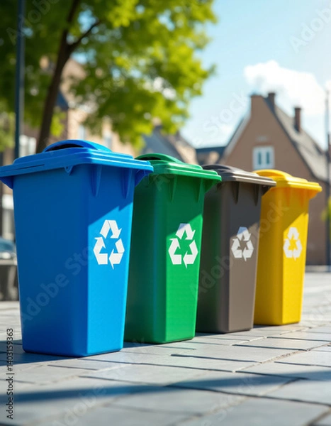 Obraz trash bins of different colors, each of which is intended for a specific type of waste