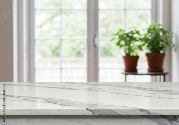 Fototapeta Marble countertop with plants in pots in front of a window in a bright room indoors space