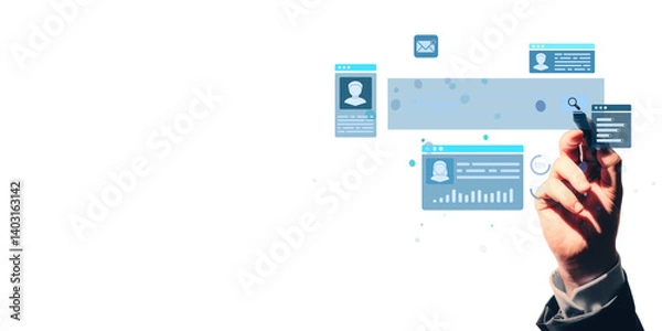 Fototapeta Hand of businessperson interacting with abstract digital user interface layout, light blue elements on clean white background, concept of technology