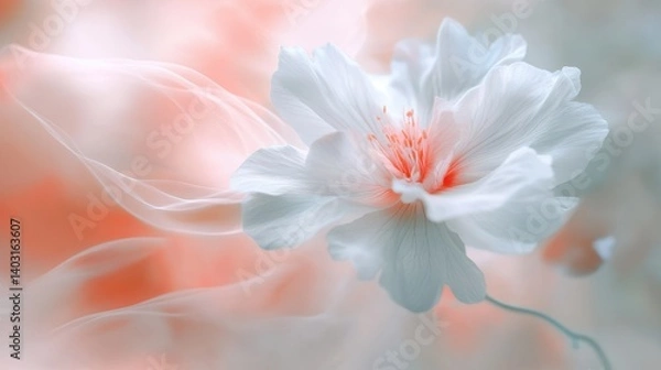 Fototapeta Ethereal white flower with soft orange background and flowing petals
