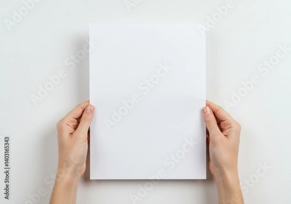 Fototapeta Hands holding a blank white paper sheet against a white background in a studio setting