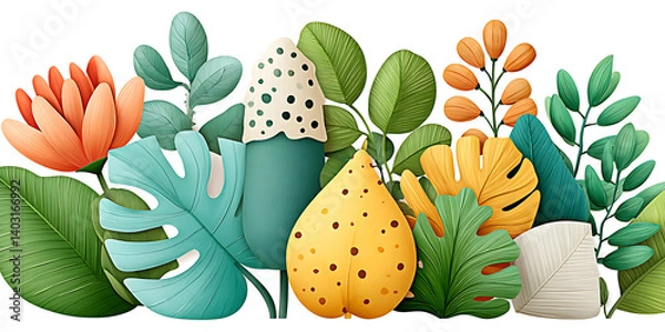 Obraz Colorful tropical leaves and flowers create vibrant, lively composition, perfect for adding fresh touch to any design