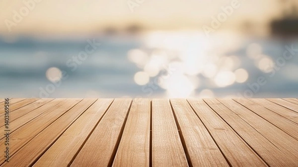 Fototapeta Wooden pier extending into calm waters, bathed in natural light, evoking tranquility and timeless serenity.
