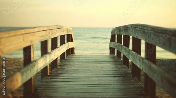 Fototapeta Wooden pier extending into calm waters, bathed in natural light, evoking tranquility and timeless serenity.
