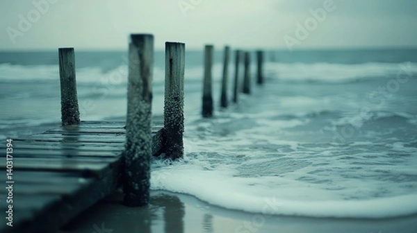 Fototapeta Wooden pier extending into calm waters, bathed in natural light, evoking tranquility and timeless serenity.
