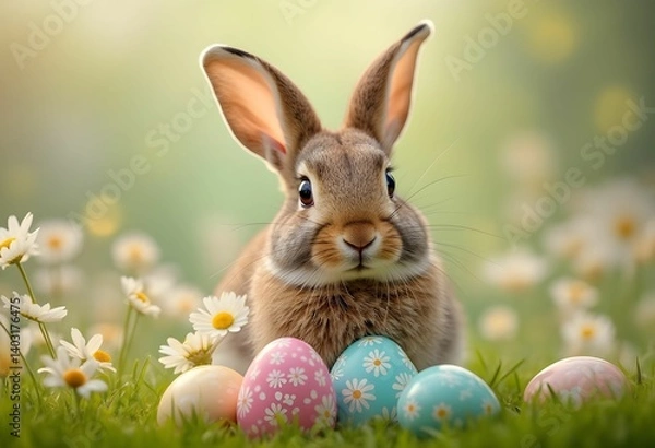 Fototapeta Adorable Bunny with Easter Meadow Eggs