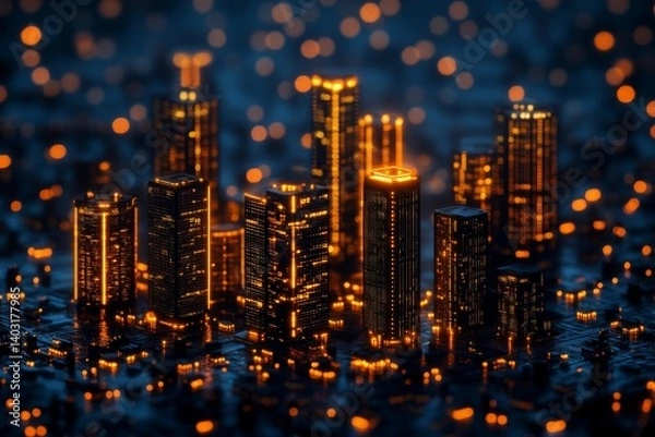 Fototapeta A 3D isometric perspective of a futuristic factory blueprint in electric blue tones, featuring complex digital schematics with intricate circuits and wiring, embodying an ultra-detailed industrial