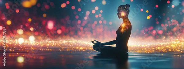 Fototapeta Inner Light: A woman meditates, radiating ethereal energy amidst a breathtaking cosmic landscape of shimmering lights and vibrant bokeh.