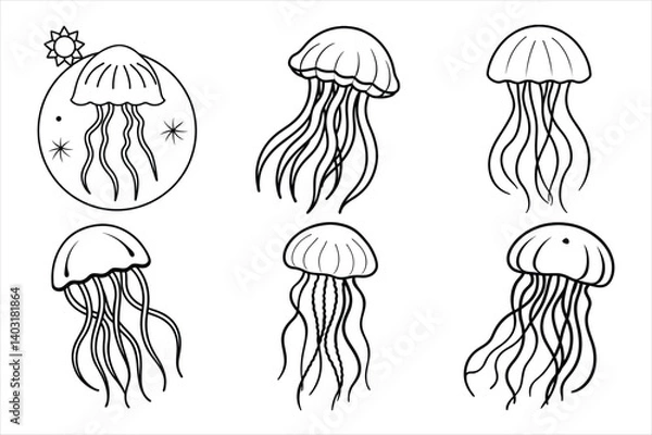 Fototapeta Set of jellyfish sketch drawing vector icon illustration on white background.