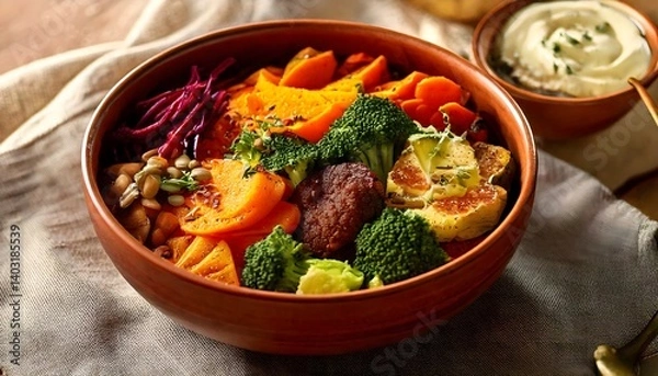 Obraz Warm vegan Buddha bowl with roasted vegetables, falafel, tofu, and broccoli served in rustic ceramic dish