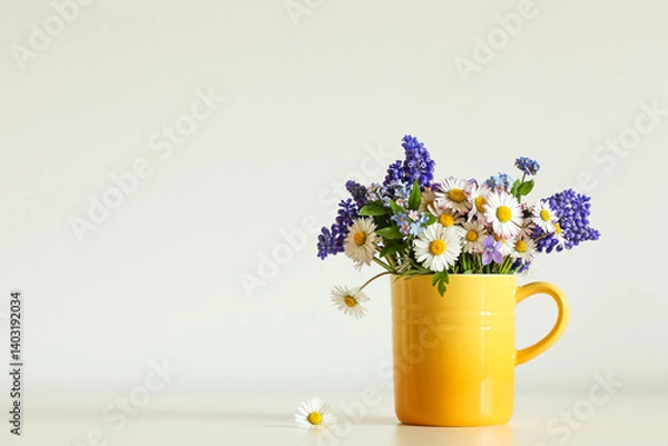 Fototapeta Spring flower arrangement with daisies and other wild flowers standing in a yellow cup.