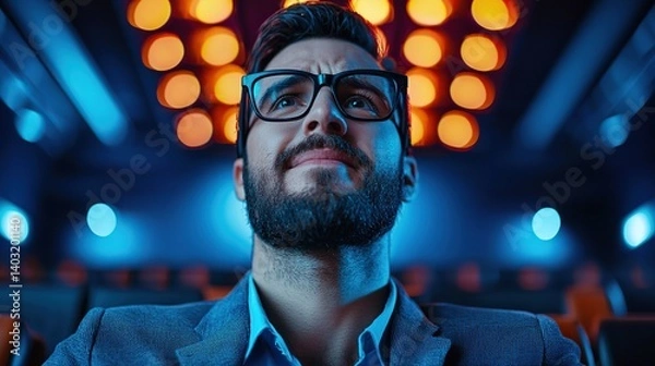 Obraz A man with glasses looks up in a dimly lit environment, illuminated by colorful lights, suggesting a moment of anticipation or reflection.