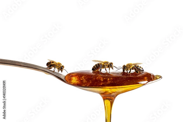 Obraz Honey Dripping from Spoon with Bees Climbing on Surface of Sweet Liquid in Natural Light