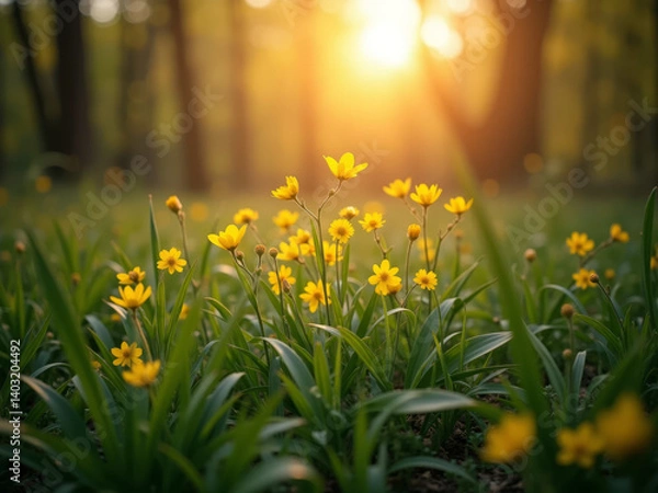 Fototapeta Fleurs jaunes écloses dans une clairière en forêt au lever du soleil