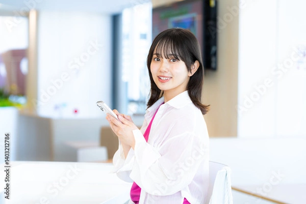 Obraz スマホを見る笑顔の女性【撮影協力：学校法人電波学園　東京電子専門学校】