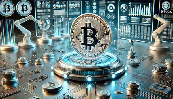 Fototapeta Bitcoin Volatility: BTC coin, high tech style background, with a futuristic lab environment and clean and electric tones.