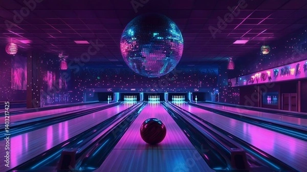 Fototapeta A vibrant bowling alley featuring neon lights, a disco ball, and a bowling ball on the lane, creating a fun and lively atmosphere for social gatherings.