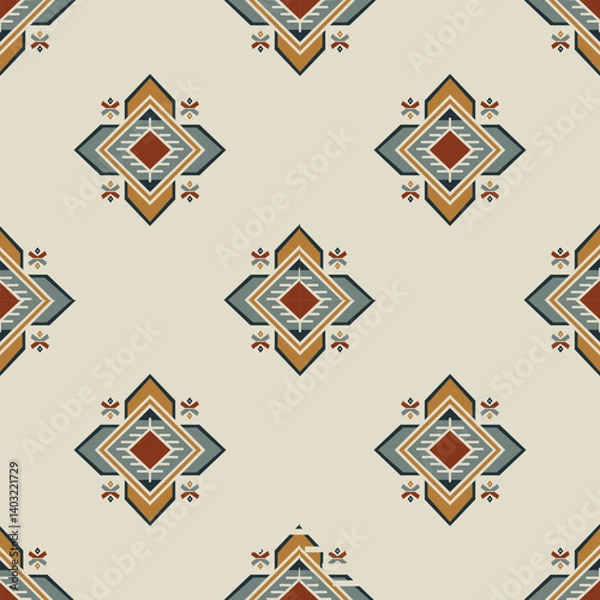 Fototapeta Minimal tribal repeat pattern with ochre and teal accents on a cream backdrop. Clean geometric design with a subtle ethnic touch, ideal for modern textiles, boho decor, or digital designs.