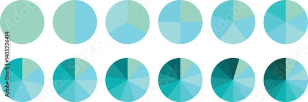 Fototapeta Pie chart set, segmented circle icons, circle diagram. Pie chart divided 1,2,3,4,5,6 equal parts. Color pizza or donut round diagram. Infographic wheel segment or sections parts. Vector illustration