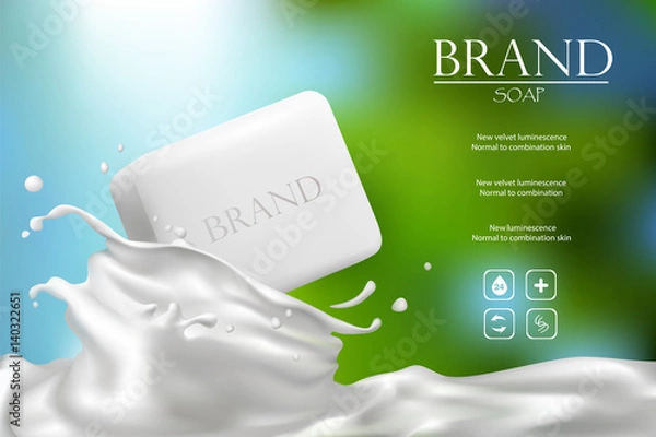 Fototapeta Soap advertisement design. Vector wash soap background. Laundry detergent package design banner