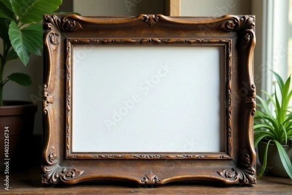 Fototapeta Dark brown wooden picture frame, distressed look , decoration, shadowless