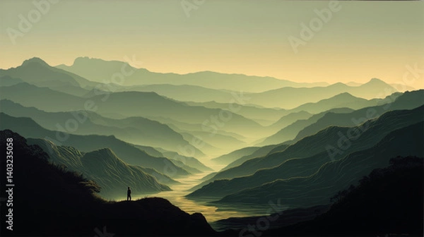 Obraz Cuban Revolution silhouette of solitary figure overlooking misty mountain valley symbolizing guerrilla movement
