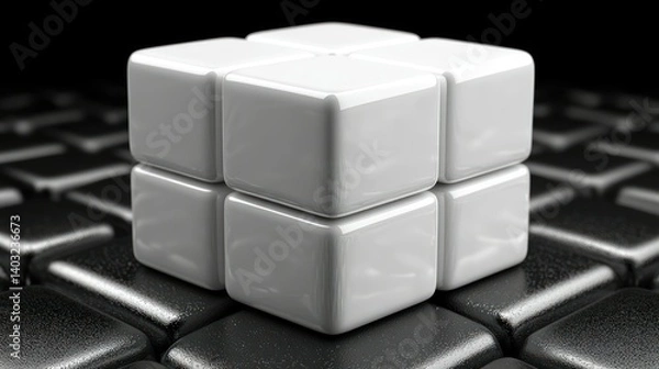Obraz Abstract White Cubes on Black Surface: Minimalist 3D Render