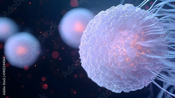 Fototapeta Close-Up View of Glowing Biological Cells with Delicate Tendrils in Abstract Space