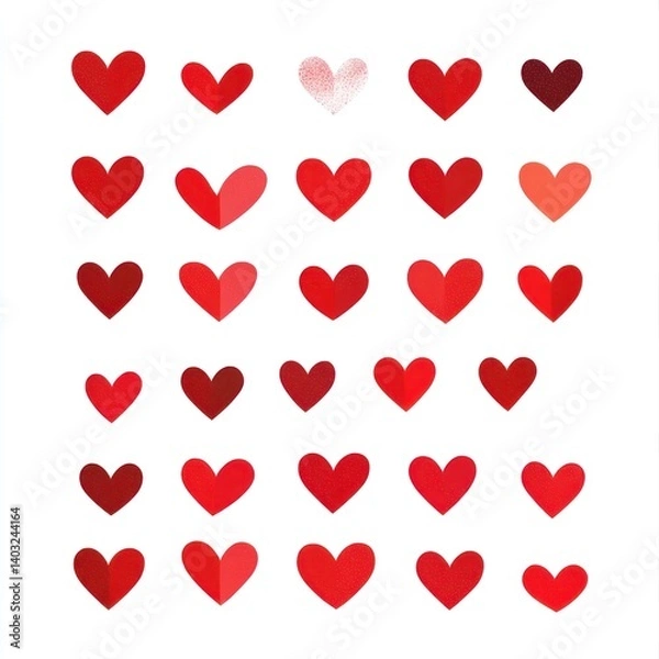 Fototapeta A collection of various sized and colored red hearts on white
