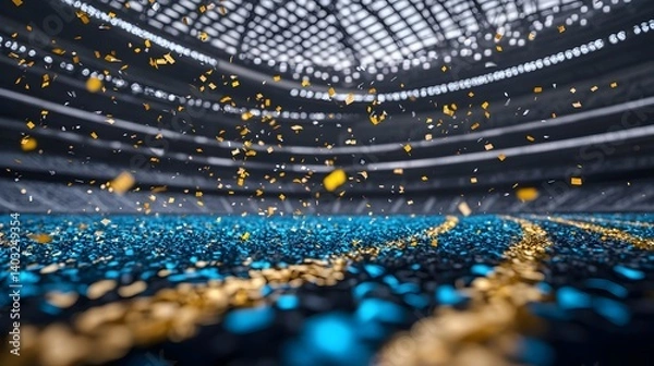 Fototapeta Vibrant Confetti Falling on a Sports Field Inside a Large Stadium During an Exciting Event