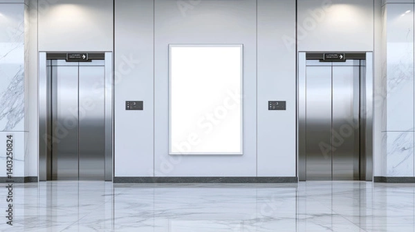 Fototapeta Empty steel elevator doors open in a modern building's light-filled office corridor
