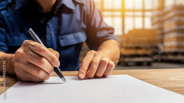 Fototapeta Tariff Trade War Concept, person in blue workwear is writing on blank sheet of paper, showcasing focus and determination