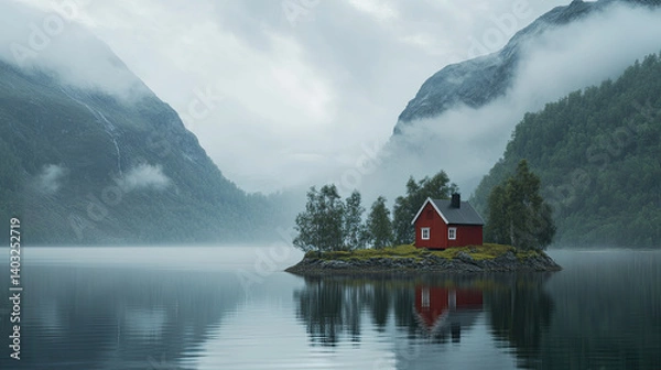 Fototapeta A serene red cabin nestled on a misty island, mirroring in tranquil waters surrounded by majestic mountains under a soft, cloudy sky.