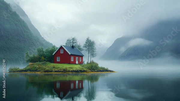 Fototapeta A serene red cabin nestled on a misty island, mirroring its tranquil beauty in the still waters of a fjord, surrounded by majestic mountains under a soft, gray sky.